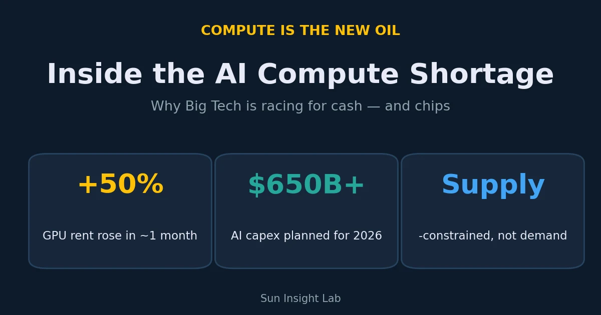 Title card reading compute is the new oil, with stats: GPU rent up 50% in a month, $650B+ AI capex in 2026, supply-constrained