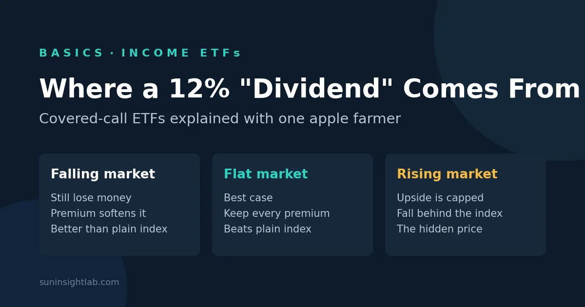 Covered-call ETFs summarized in three market scenarios: falling markets still lose but less, flat markets are the best case, rising markets cap the upside